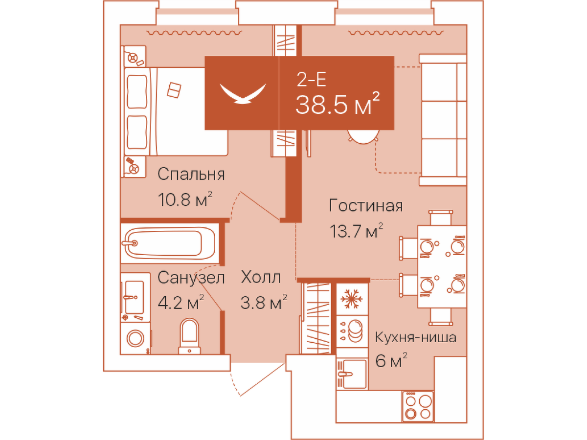 Планировка: Евродвушка 38.5 м² в ЖК Дом на Большой Спасской, Воровского