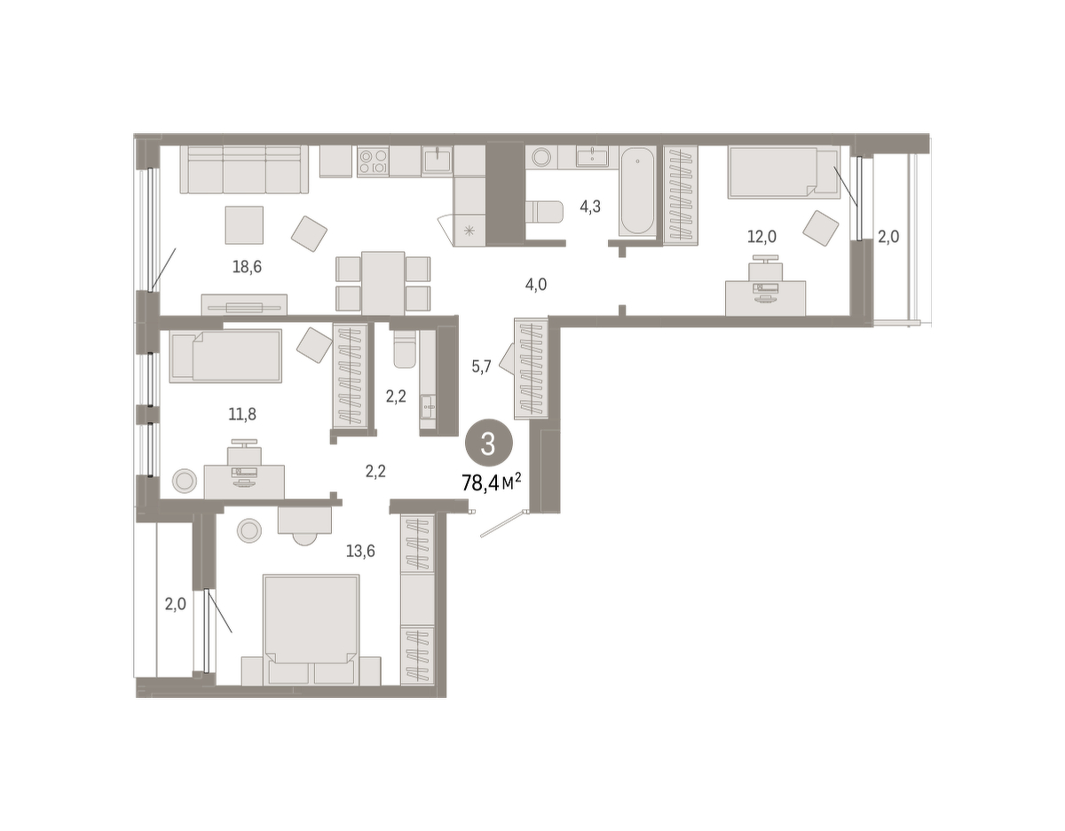Планировка: 4-комнатная евро 78.4 м² в ЖК Республики 205, Центр: КПД