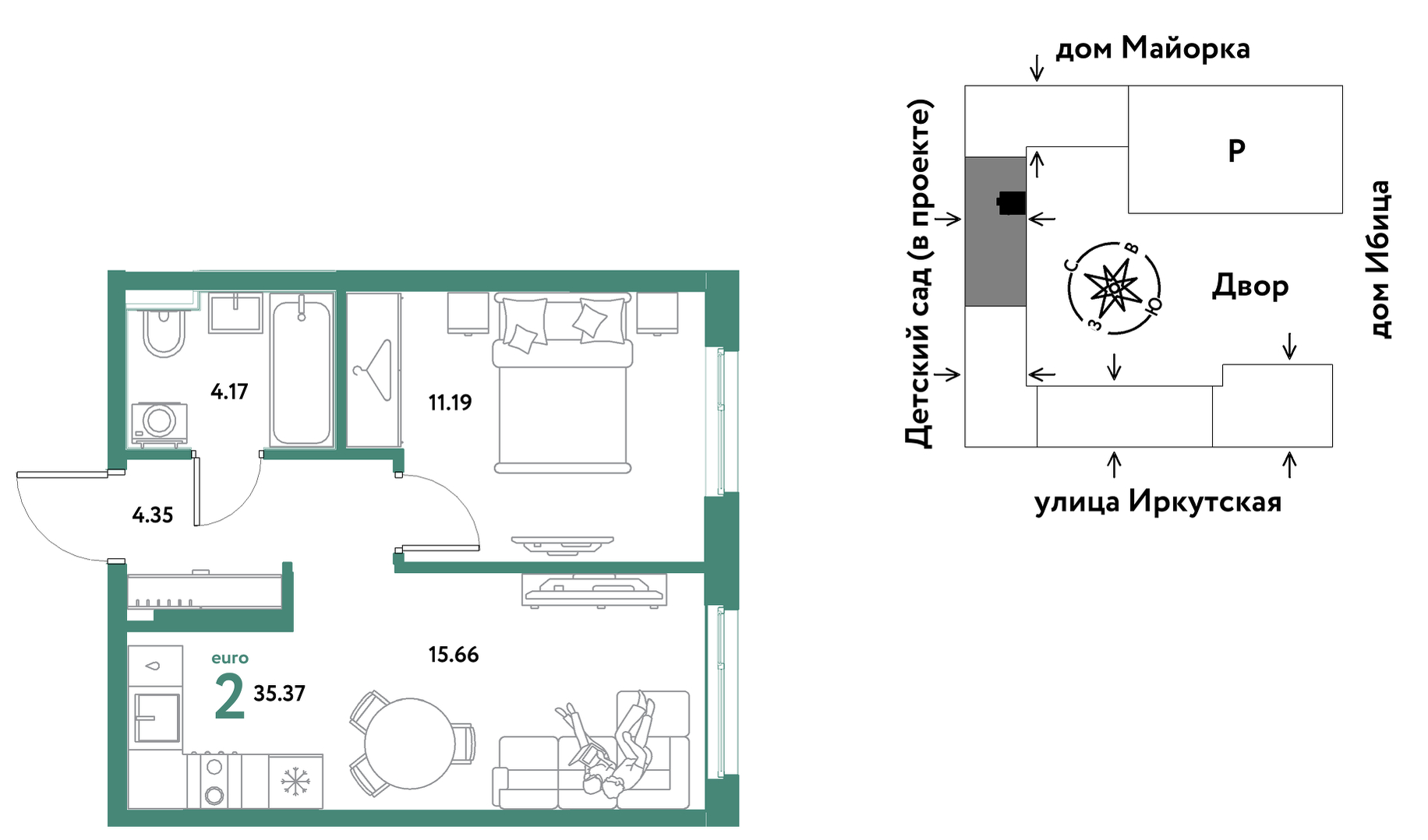 Планировка: Евродвушка 35.4 м² в ЖК Остров-сад, ДОК