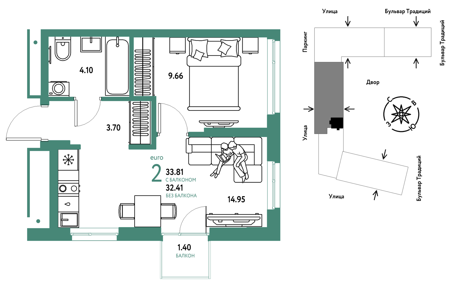 Планировка: Евродвушка 33.8 м² в ЖК Домашний, Плеханово