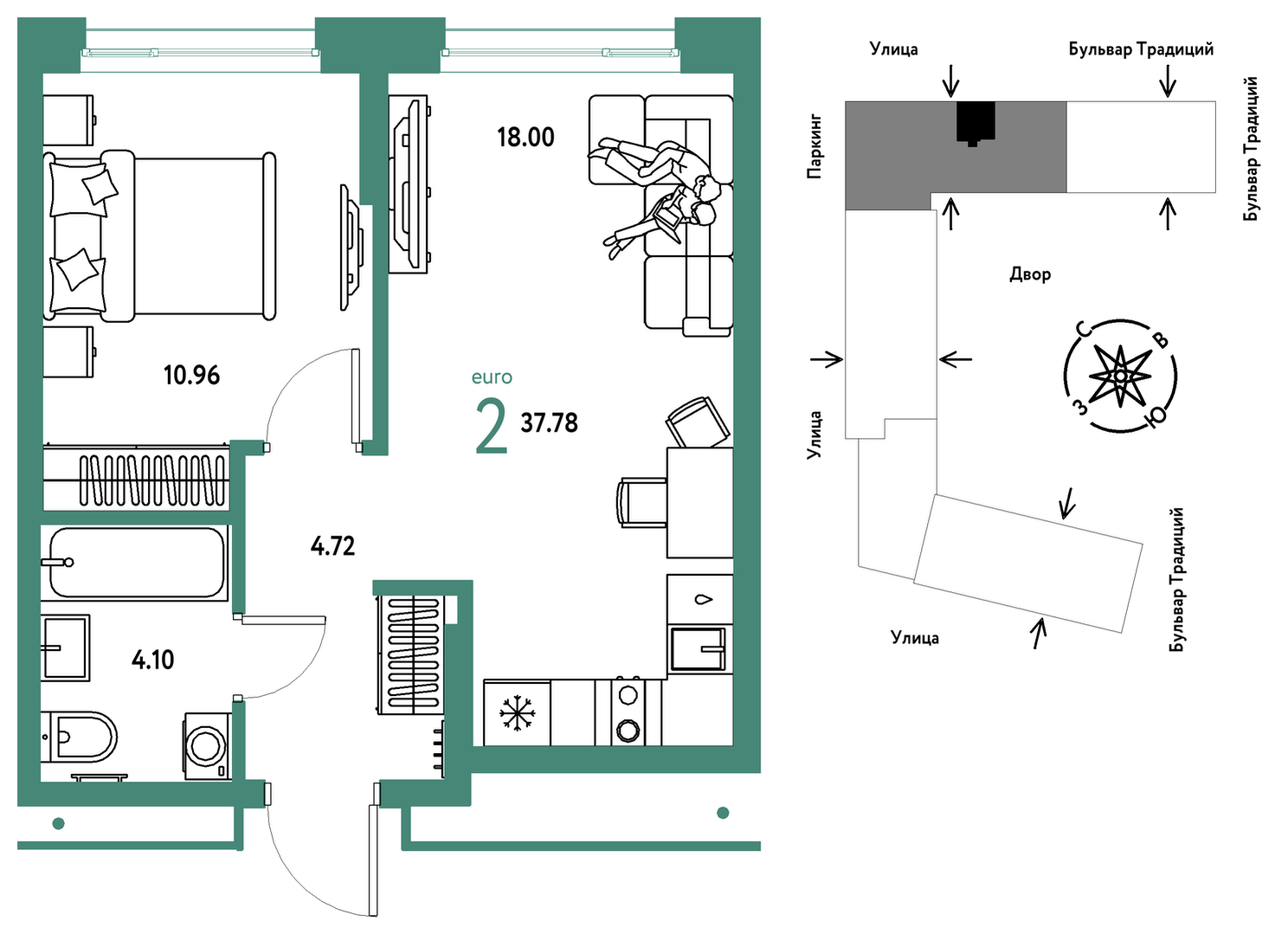 Планировка: Евродвушка 37.8 м² в ЖК Домашний, Плеханово