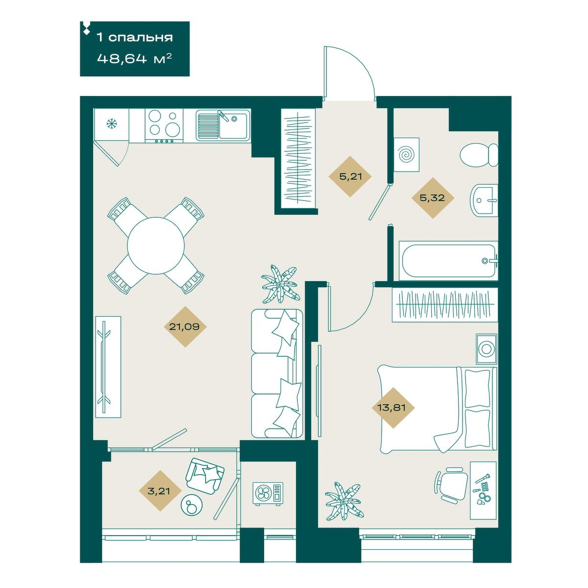Планировка: Евродвушка 48.6 м² в ЖК Секреты, 5-й Заречный