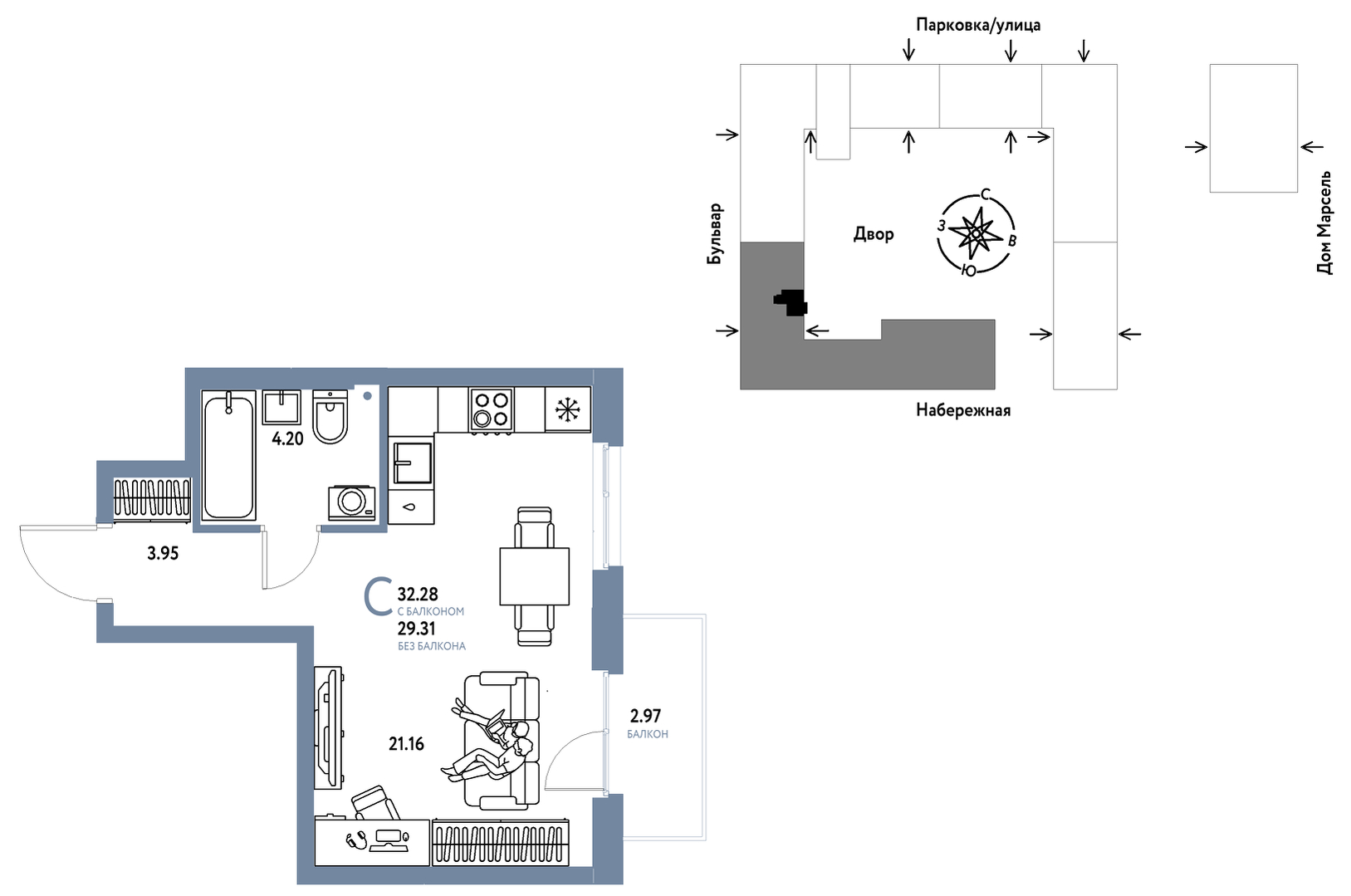 Планировка: Студия 32.3 м² в ЖК Европейский берег 2.0, Европейский