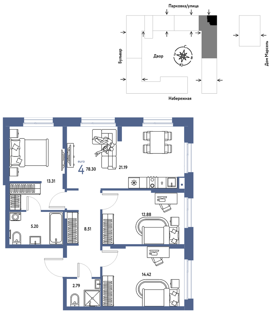 Планировка: 4-комнатная евро 78.3 м² в ЖК Европейский берег 2.0, Европейский