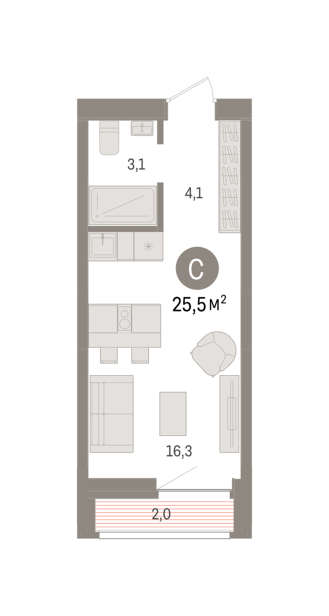 Планировка: Студия 25.5 м² в ЖК Речной порт, Центр: Дом печати