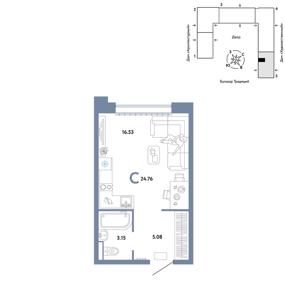 Планировка: Студия 24.8 м² в ЖК Домашний, Плеханово