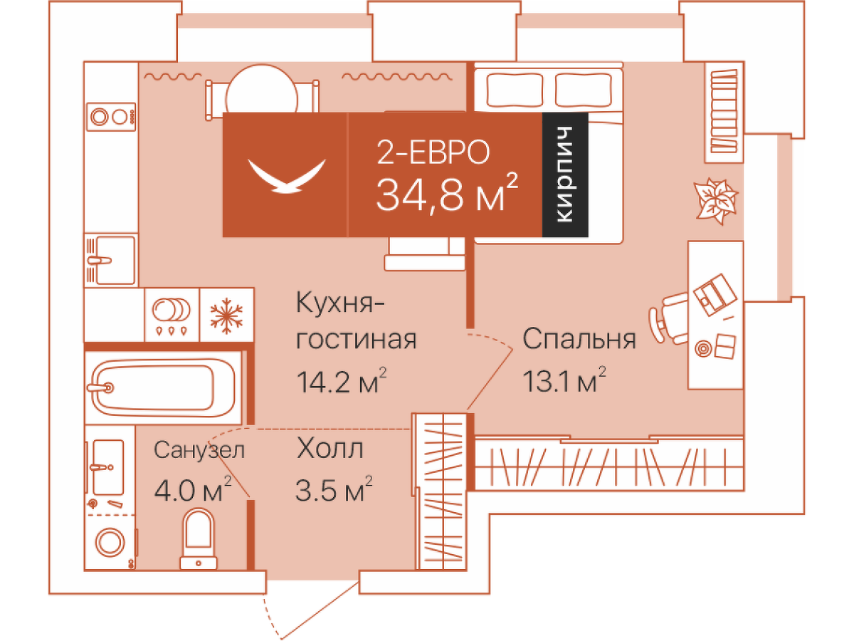 Планировка: Евродвушка 34.8 м² в ЖК Дом на Большой Спасской, Воровского