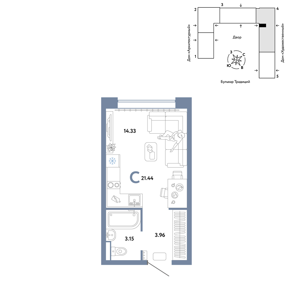 Планировка: Студия 21.4 м² в ЖК Домашний, Плеханово