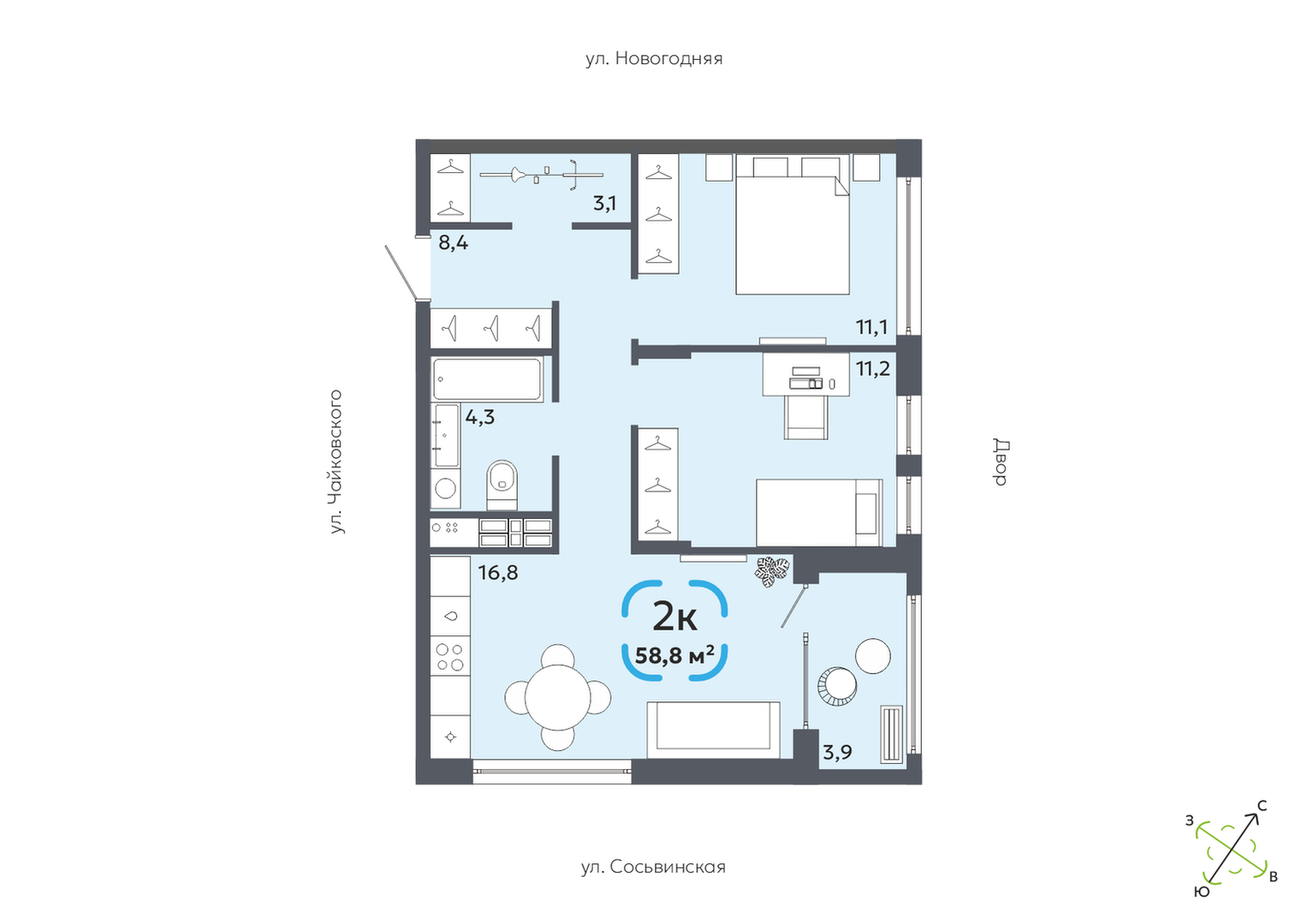 Планировка: Евротрешка 58.8 м² в ЖК Свой, Югра