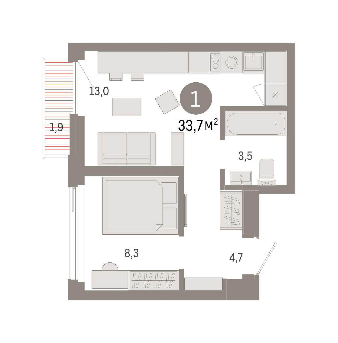 Планировка: Евродвушка 33.7 м² в ЖК Зарека, Заречный