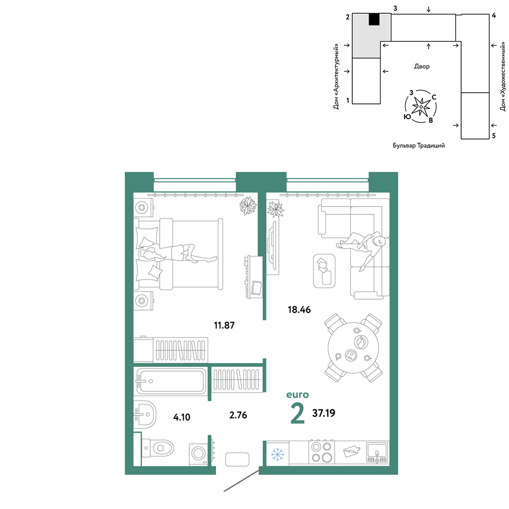 Планировка: Евродвушка 37.2 м² в ЖК Домашний, Плеханово