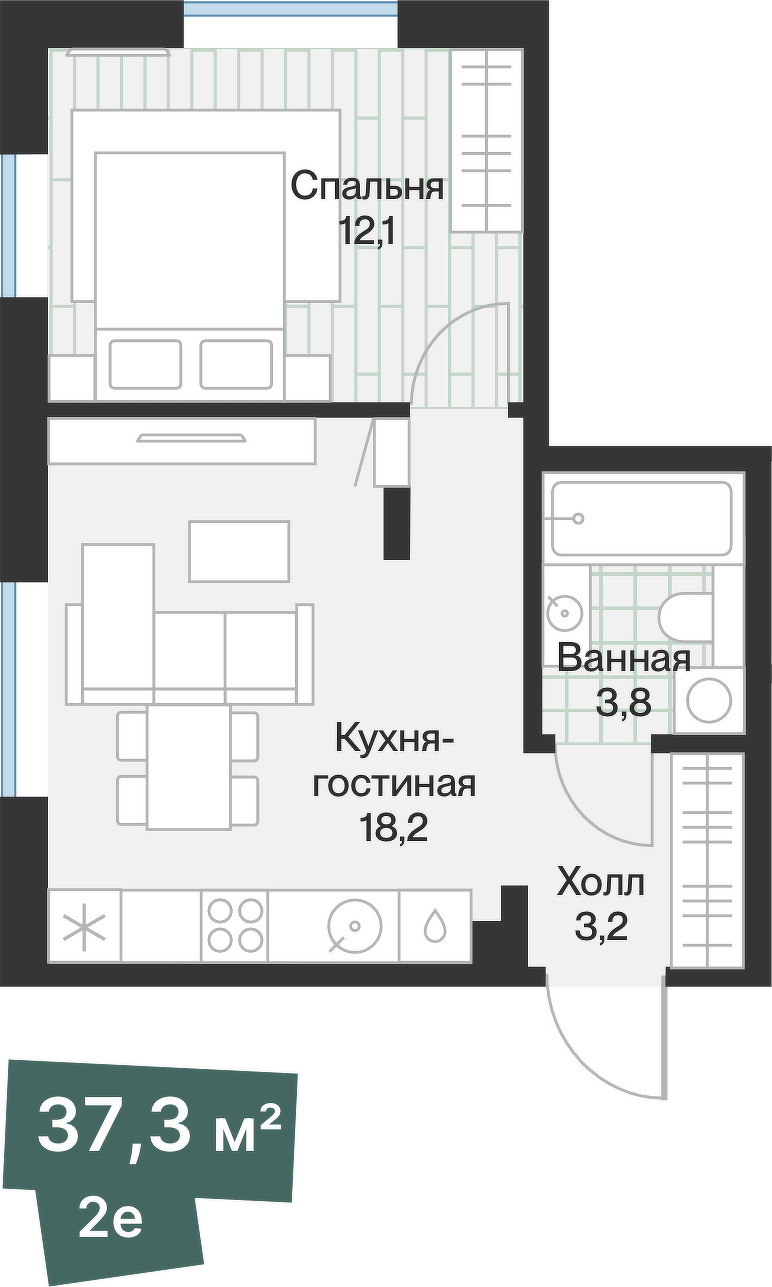 Планировка: Евродвушка 37.3 м² в ЖК Эклипт, Рощино