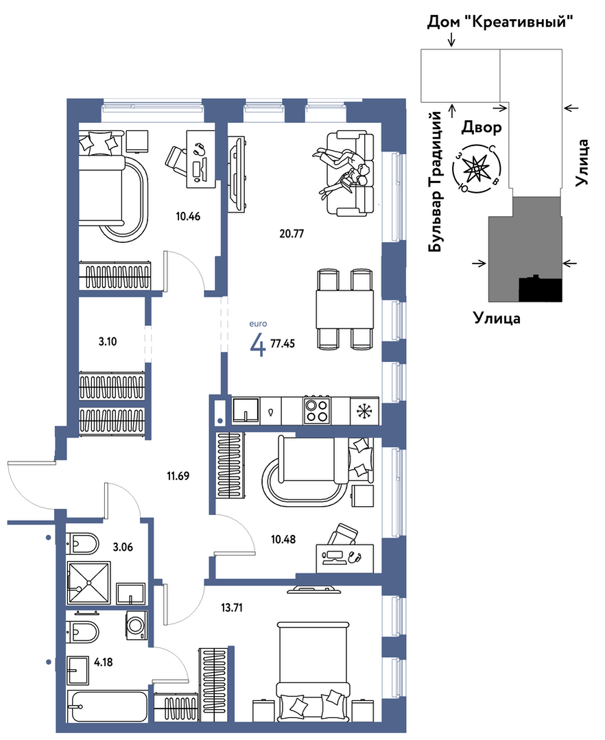 Планировка: 4-комнатная евро 77.5 м² в ЖК Домашний, Плеханово