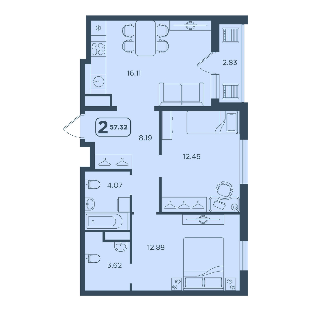 Планировка: Евротрешка 57.3 м² в ЖК Континент, Червишевский тракт