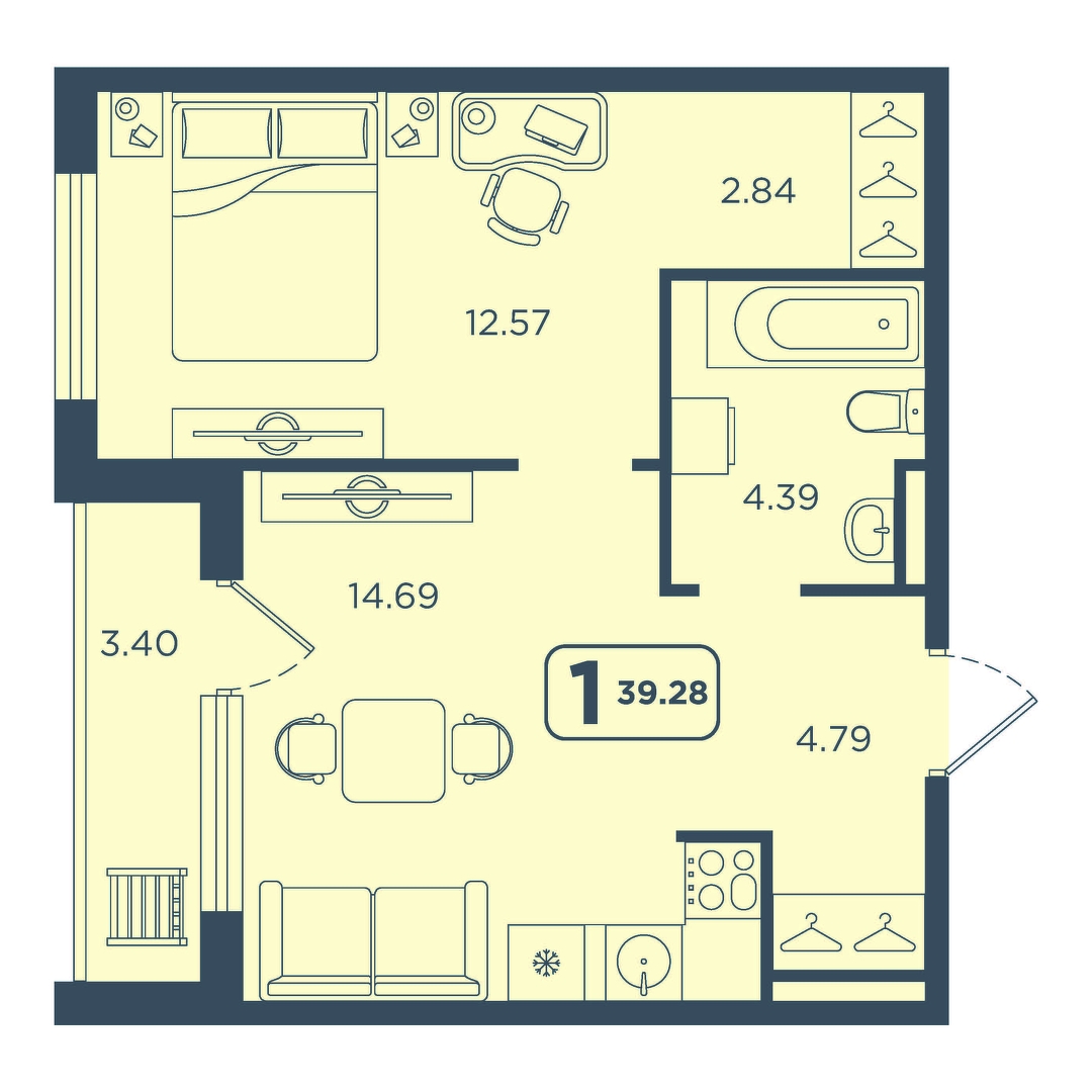 Планировка: Евродвушка 39.3 м² в ЖК Континент, Червишевский тракт