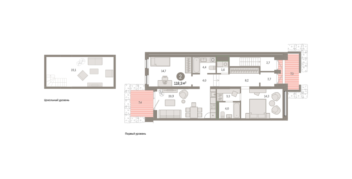 Планировка: Евротрешка 118.3 м² в ЖК Зарека, Заречный