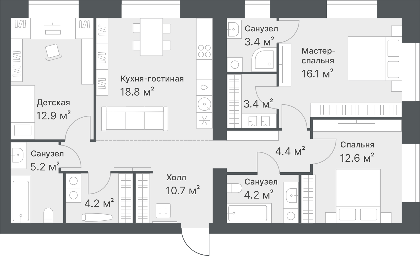 Планировка: 4-комнатная евро 95.9 м² в ЖК Дружеский, Плеханово