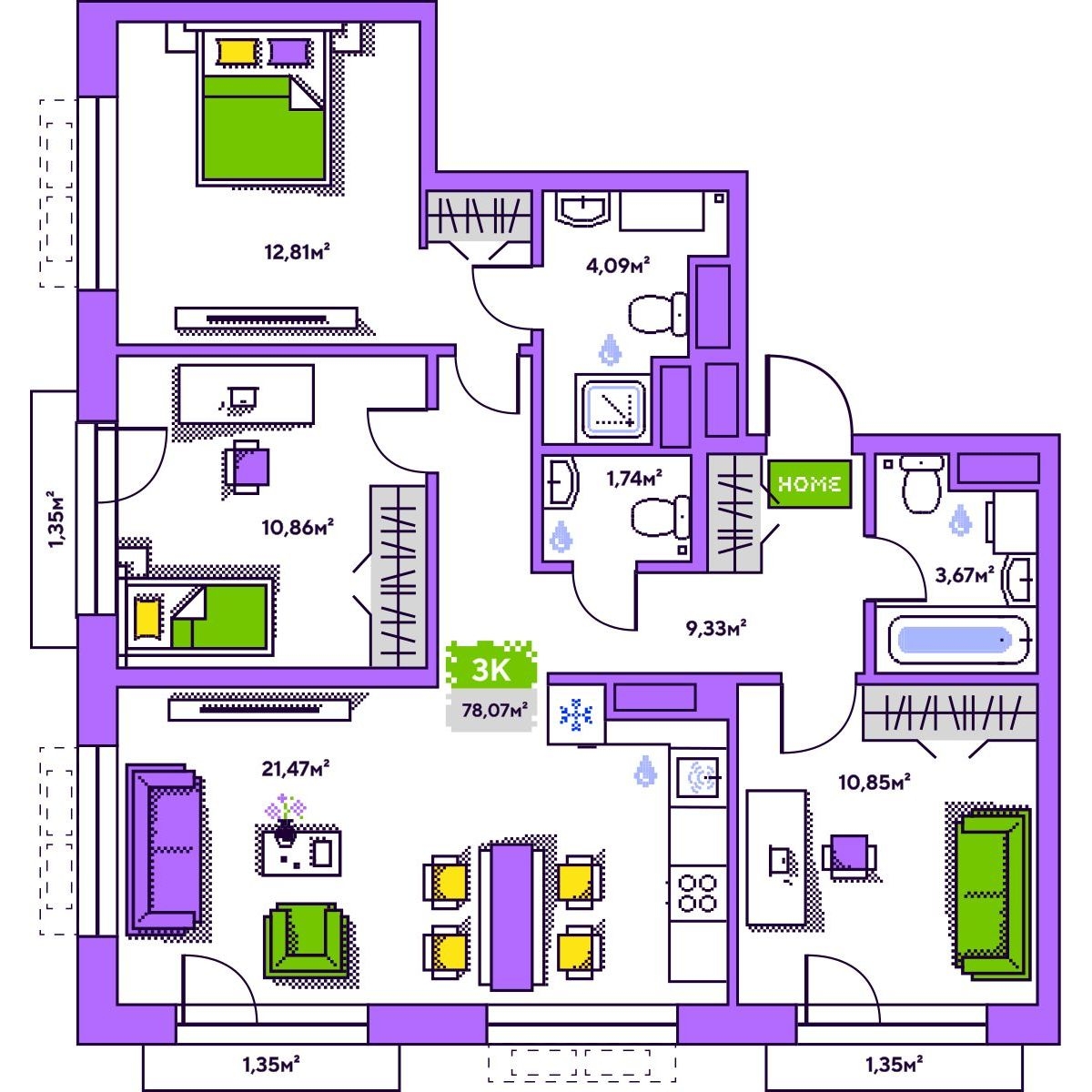 Планировка: 4-комнатная евро 78.9 м² в ЖК Плэй, Дом Обороны