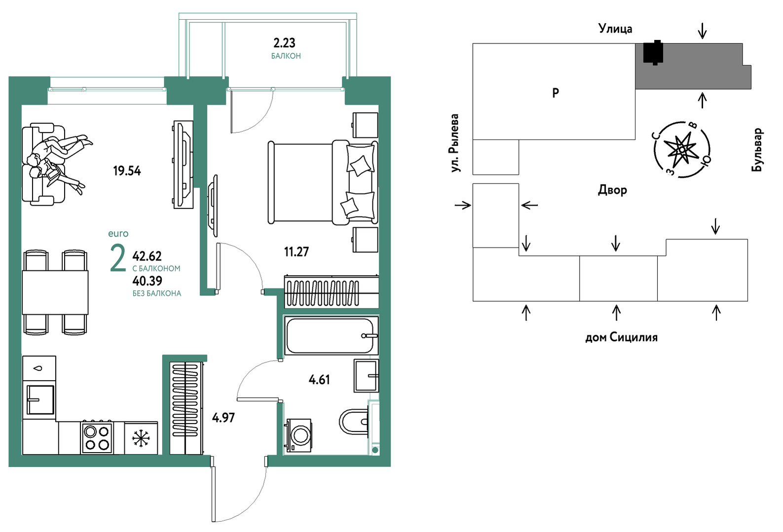 Планировка: Евродвушка 42.6 м² в ЖК Остров-сад, ДОК