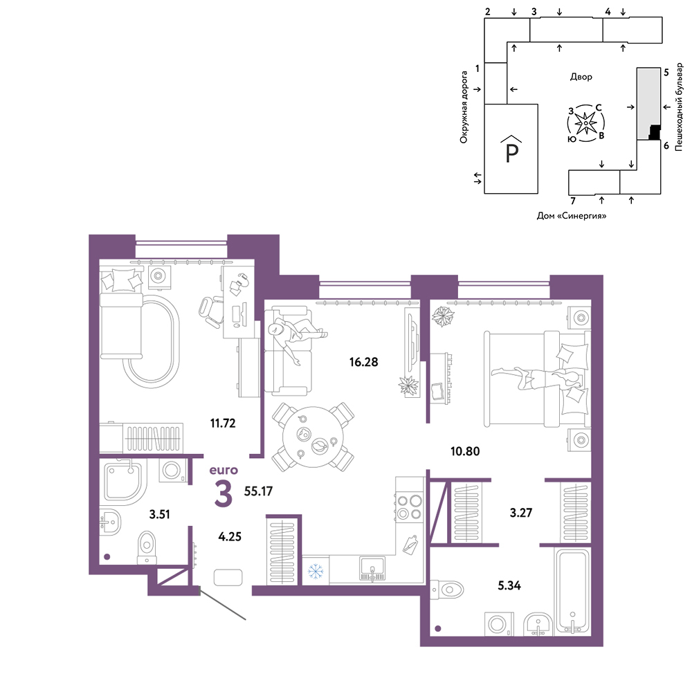Планировка: Евротрешка 55.2 м² в ЖК Юнион, Плеханово