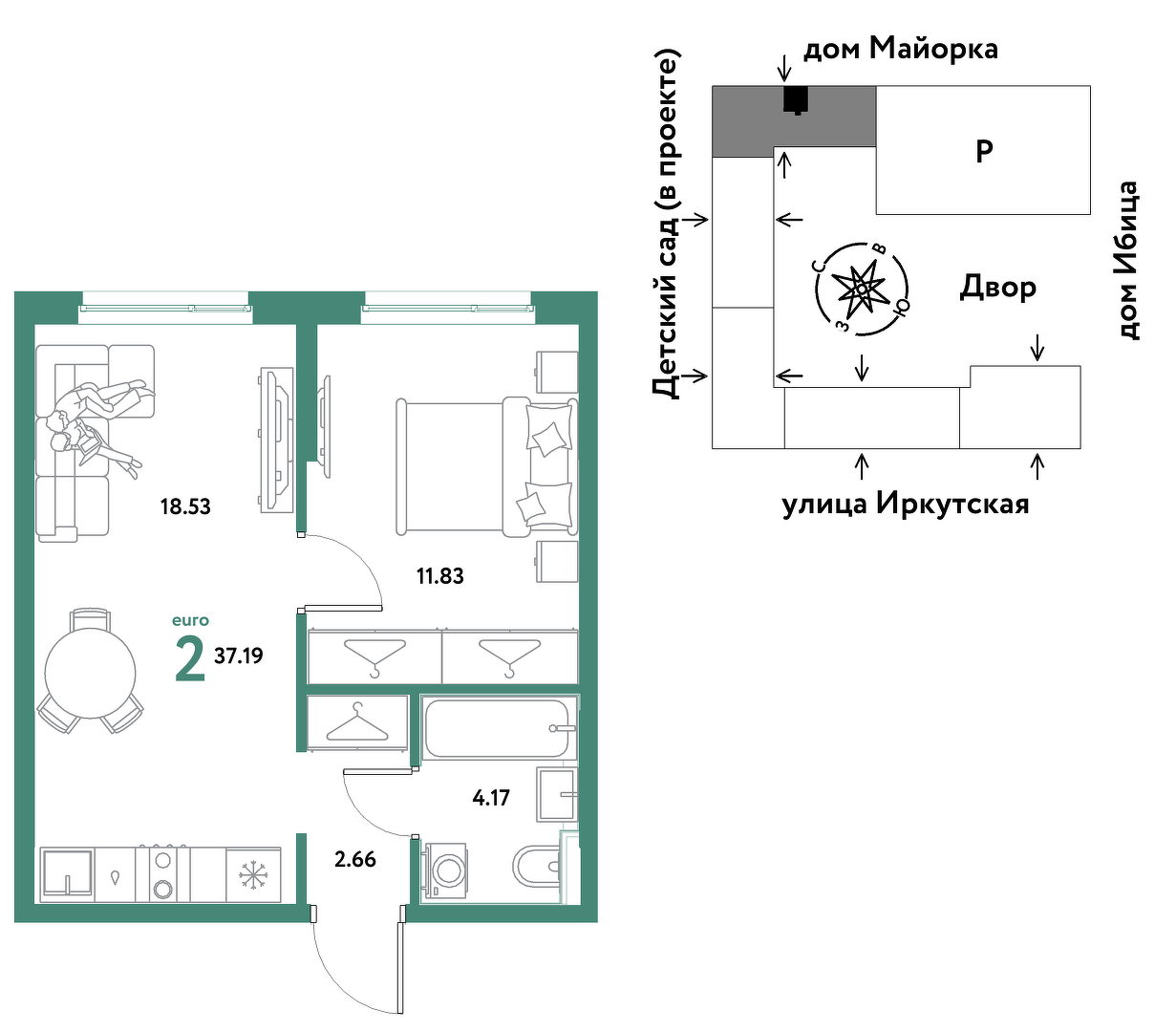 Планировка: Евродвушка 37.2 м² в ЖК Остров-сад, ДОК