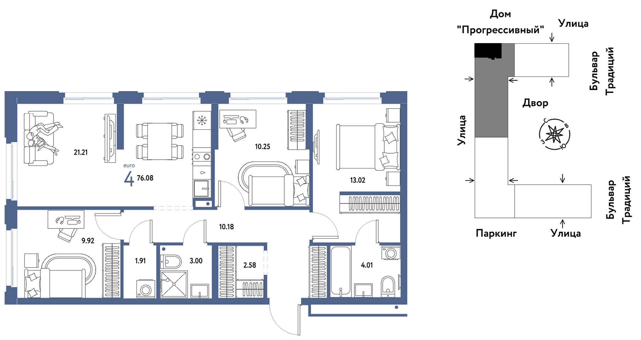 Планировка: 4-комнатная евро 76.1 м² в ЖК Домашний, Плеханово