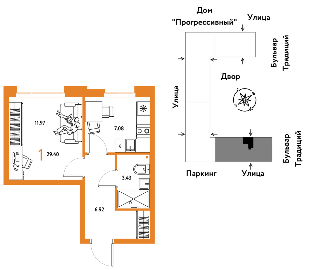 Планировка: 1-комнатная 29.4 м² в ЖК Домашний, Плеханово
