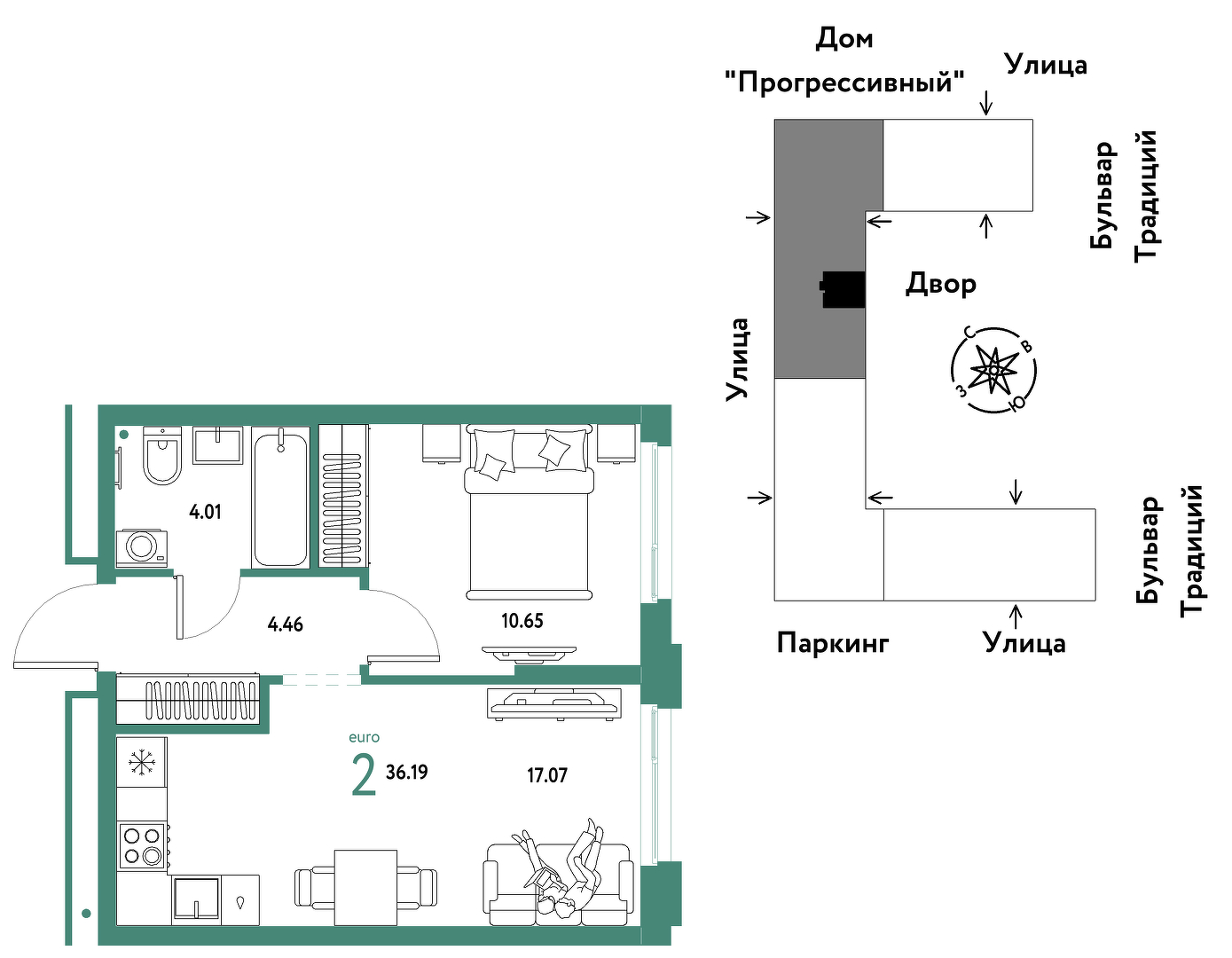 Планировка: Евродвушка 36.2 м² в ЖК Домашний, Плеханово