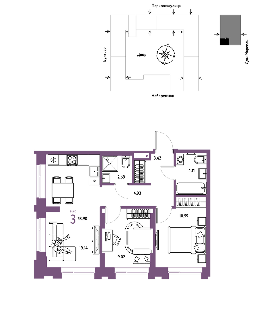 Планировка: Евротрешка 53.9 м² в ЖК Европейский берег 2.0, Европейский
