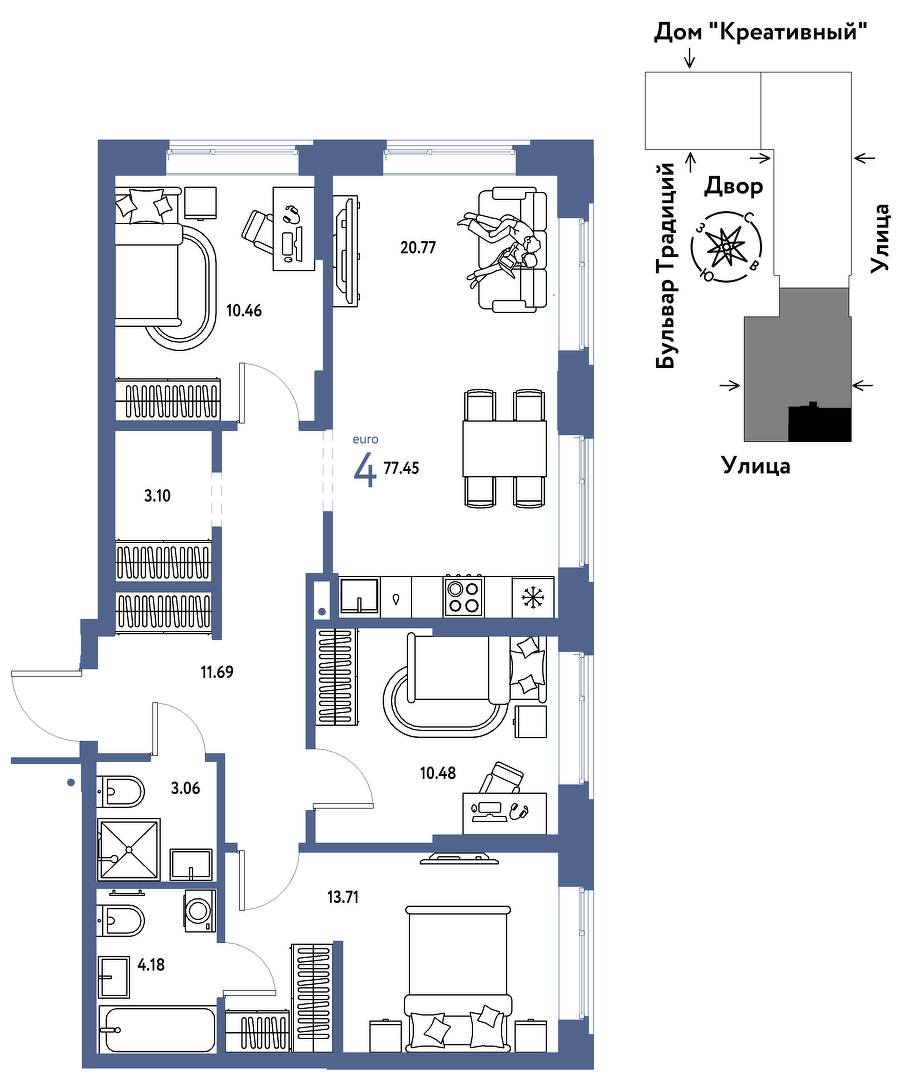 Планировка: 4-комнатная евро 77.5 м² в ЖК Домашний, Плеханово
