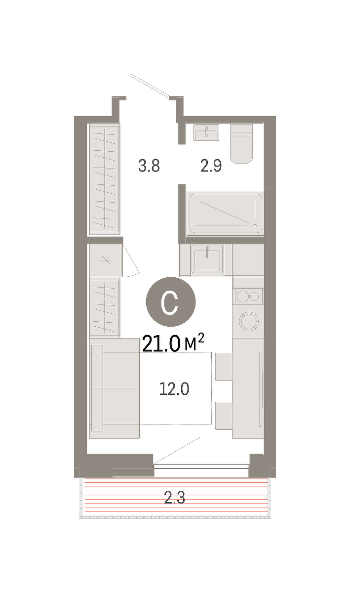 Планировка: Студия 21 м² в ЖК Октябрьский на Туре, ДОК