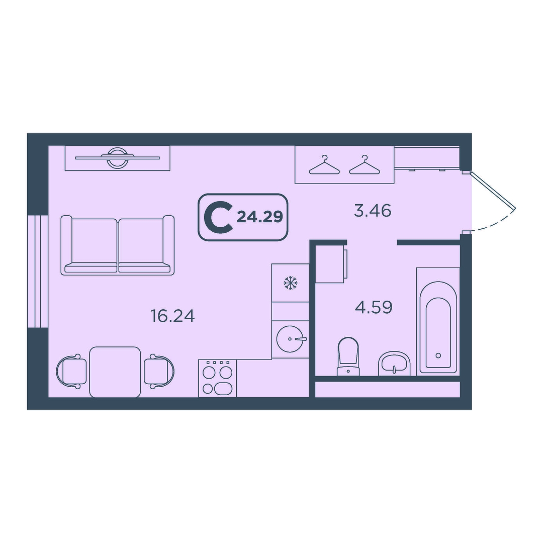 Планировка: Студия 24.3 м² в ЖК Континент, Червишевский тракт