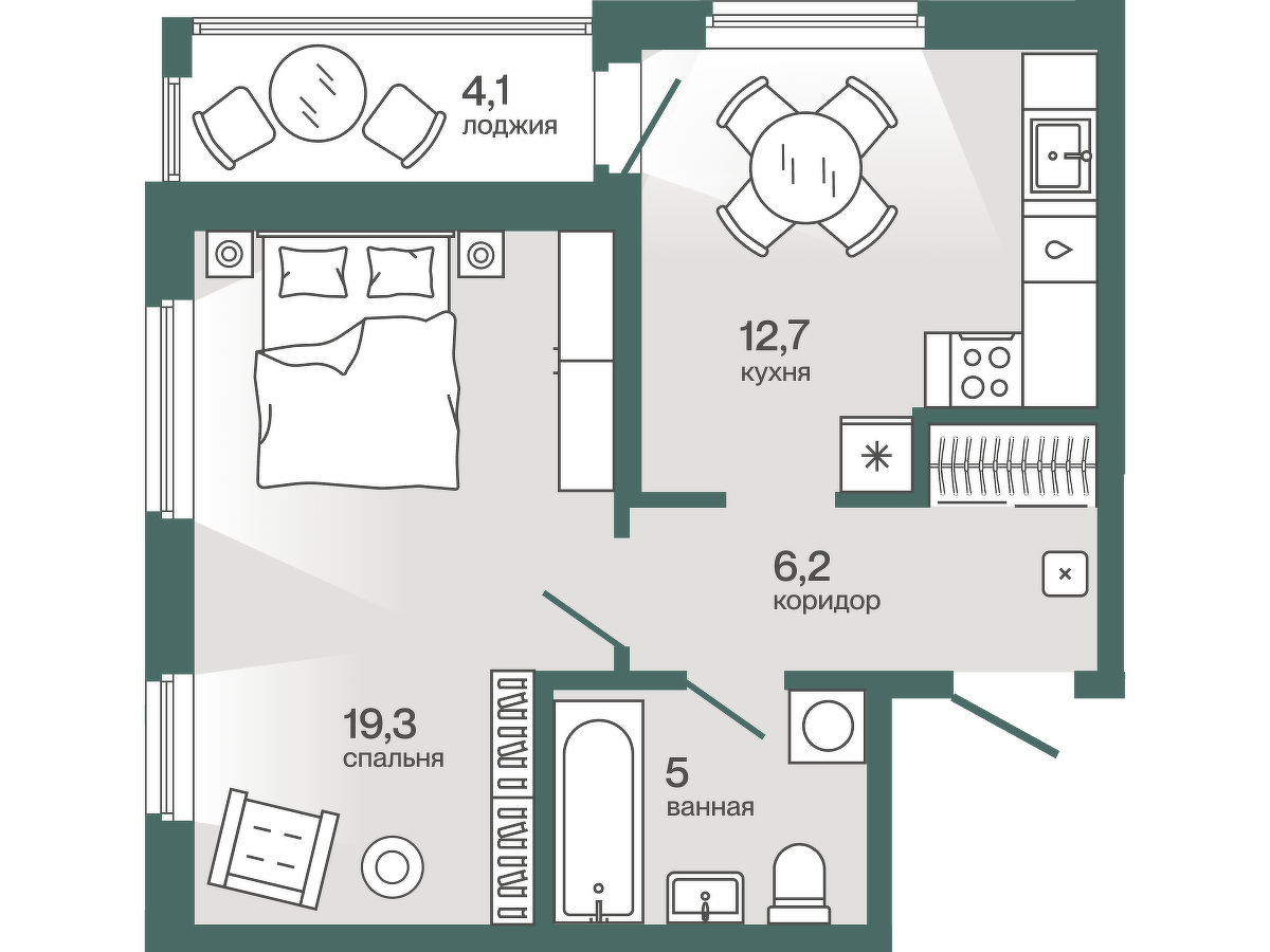 Планировка: 1-комнатная 45.3 м² в ЖК Эклипт, Рощино