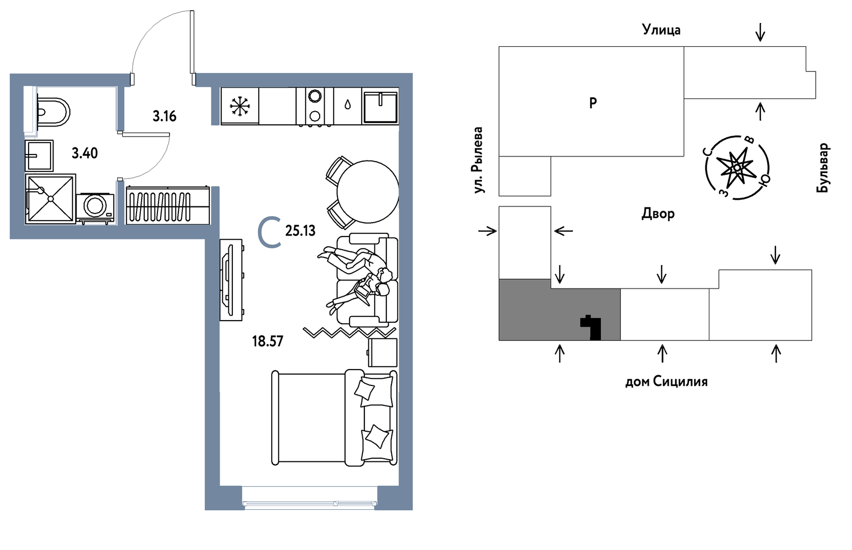 Планировка: Студия 25.1 м² в ЖК Остров-сад, ДОК
