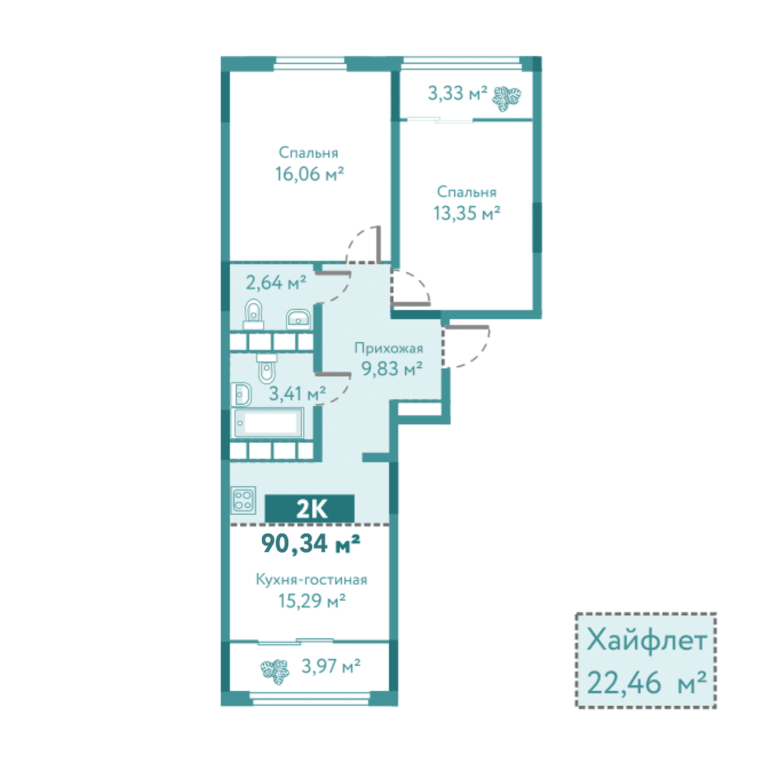 Планировка: Евротрешка 90.3 м² в ЖК Акватория, Лесобаза