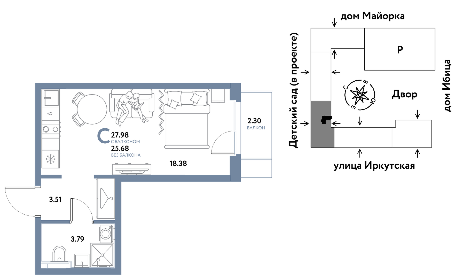 Планировка: Студия 28 м² в ЖК Остров-сад, ДОК