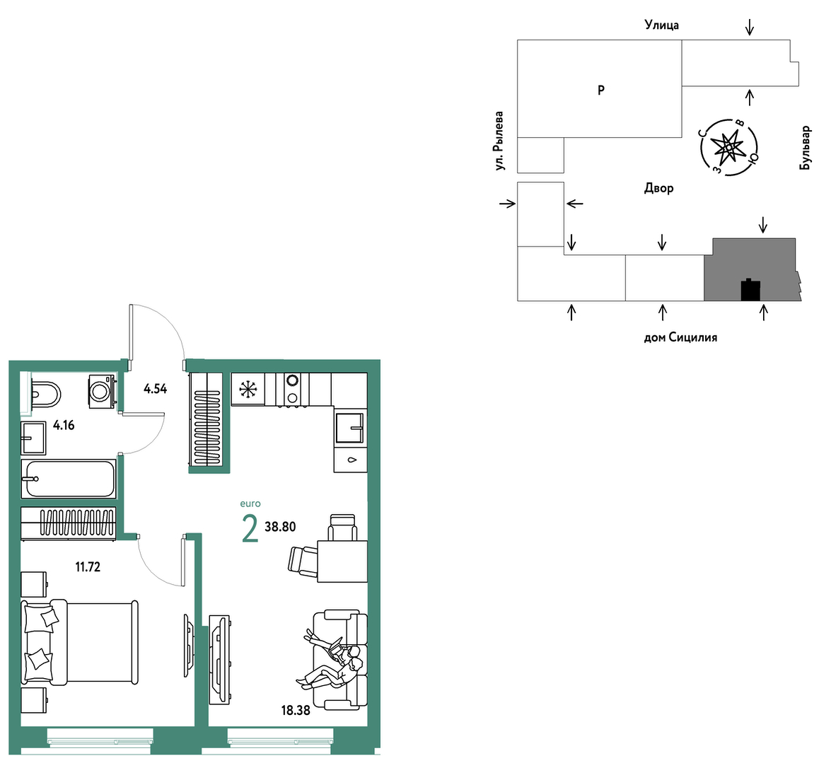 Планировка: Евродвушка 38.8 м² в ЖК Остров-сад, ДОК