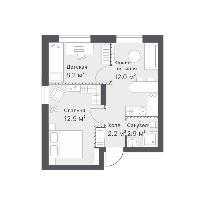 Планировка: 2-комнатная 38.2 м² в ЖК Дружеский, Плеханово