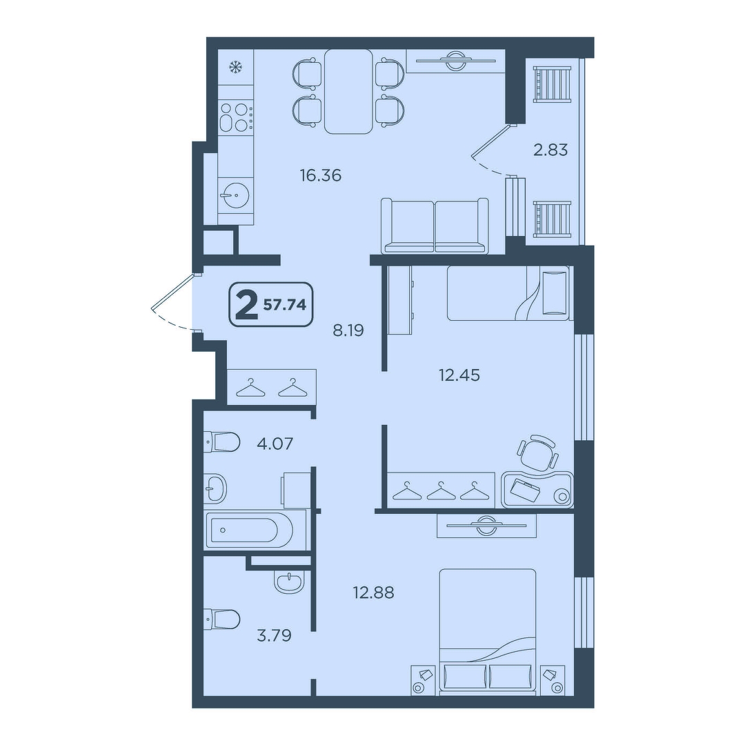 Планировка: Евротрешка 57.7 м² в ЖК Континент, Червишевский тракт