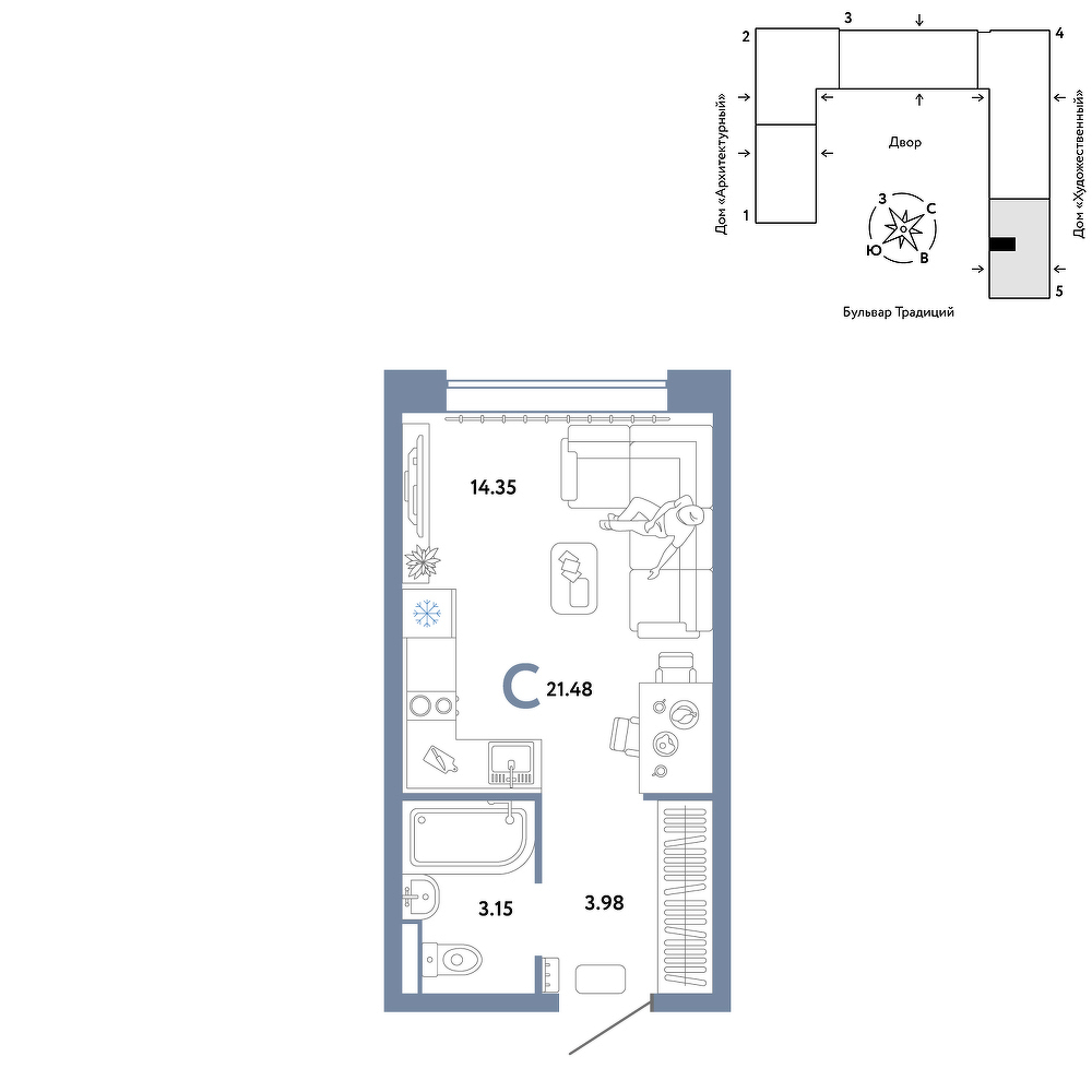 Планировка: Студия 21.5 м² в ЖК Домашний, Плеханово