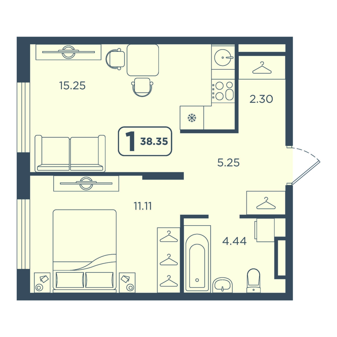 Планировка: Евродвушка 38.4 м² в ЖК Континент, Червишевский тракт