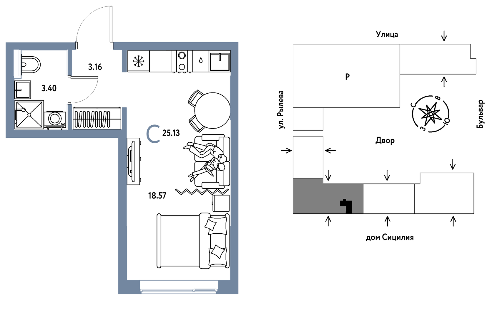 Планировка: Студия 25.1 м² в ЖК Остров-сад, ДОК