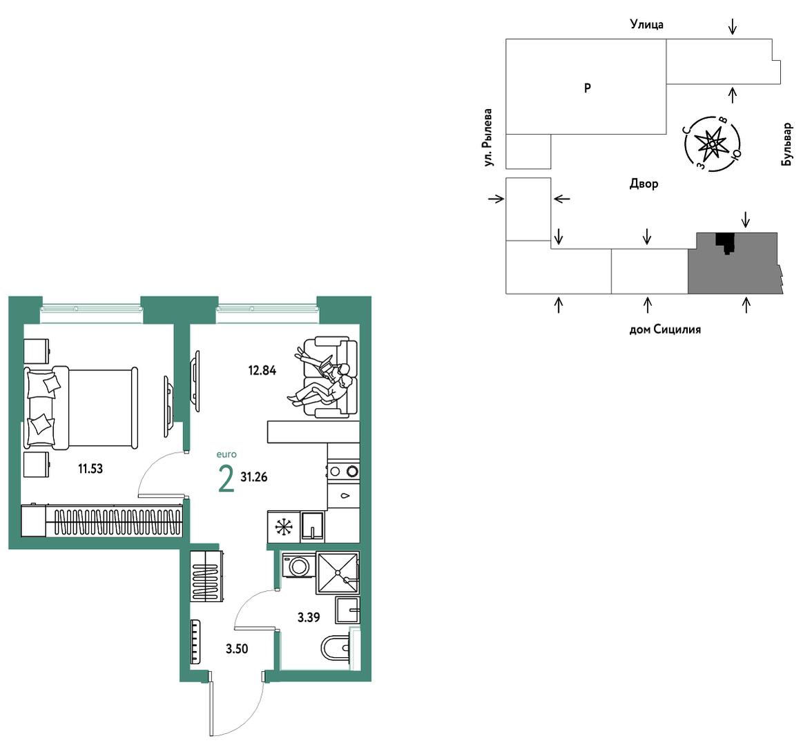 Планировка: 1-комнатная 31.3 м² в ЖК Остров-сад, ДОК