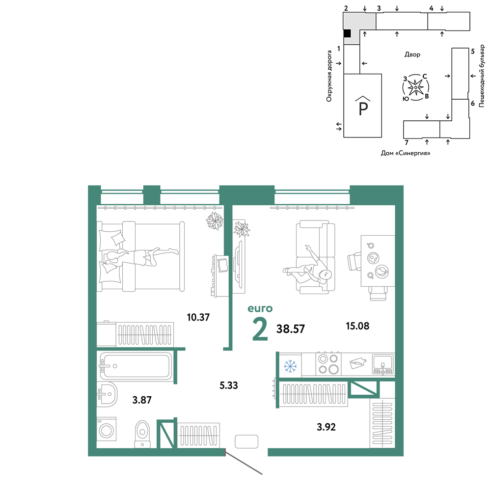 Планировка: Евродвушка 38.6 м² в ЖК Юнион, Плеханово