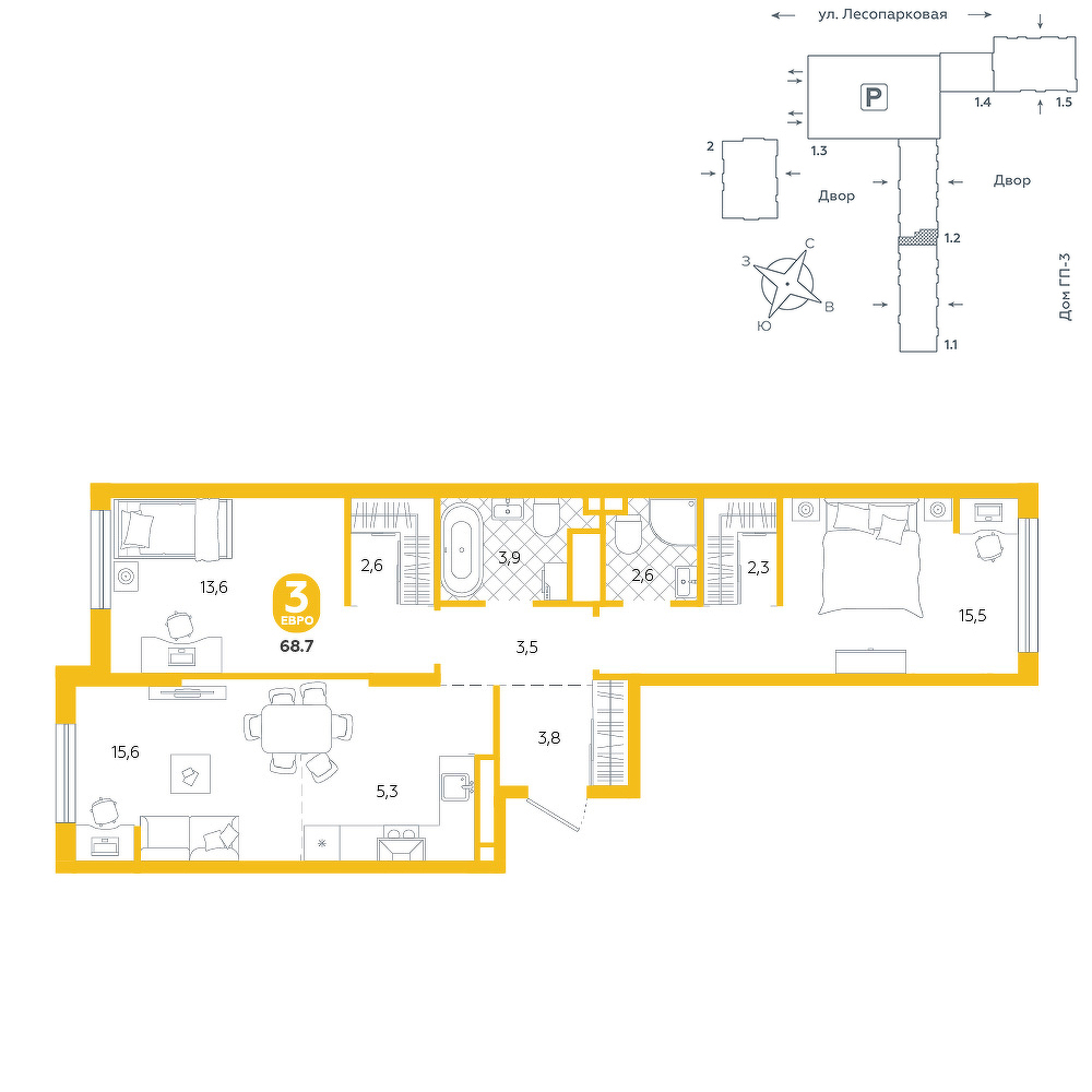 Планировка: Евротрешка 68.7 м² в ЖК Чистые пруды, Лесобаза: Тура