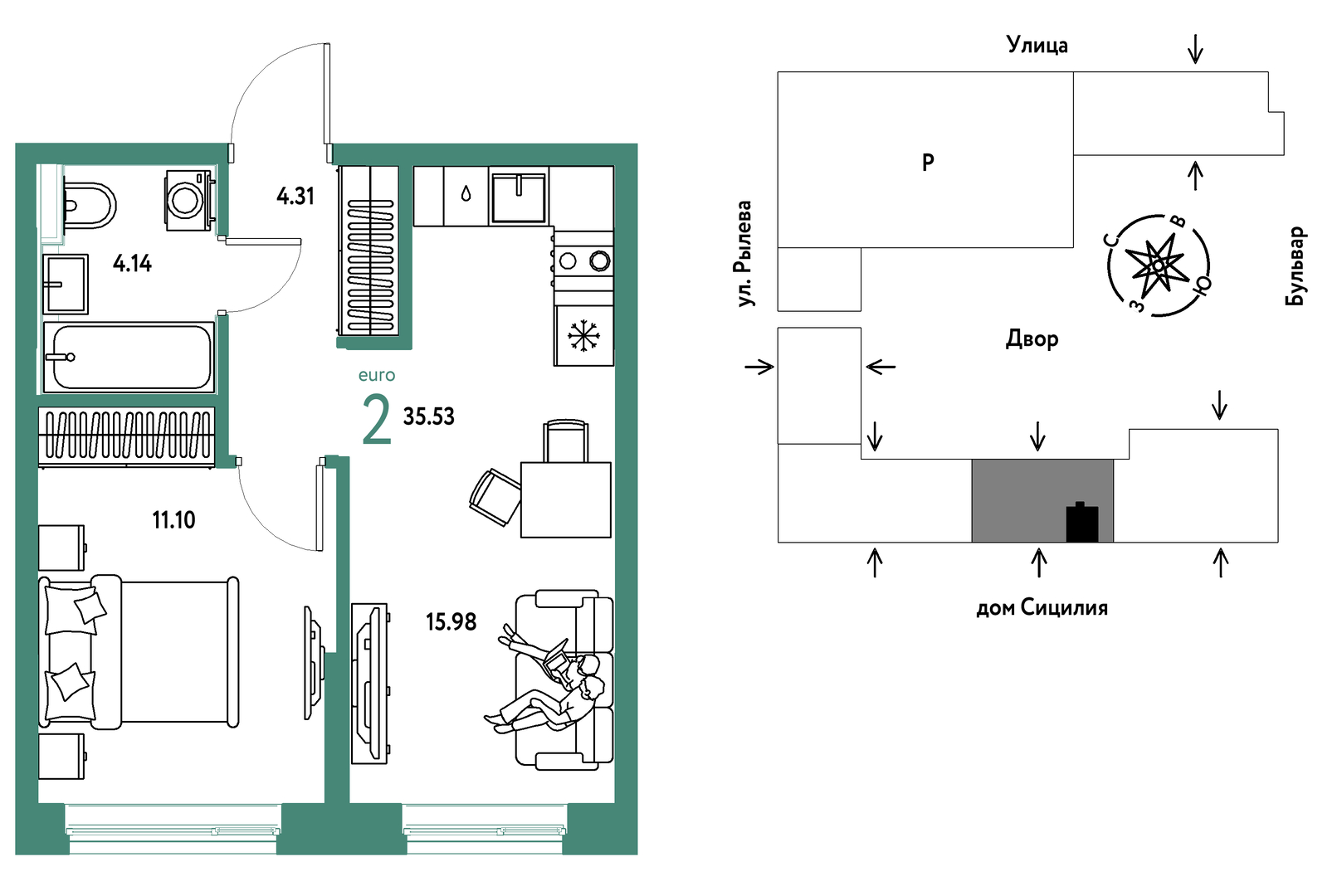 Планировка: Евродвушка 35.5 м² в ЖК Остров-сад, ДОК