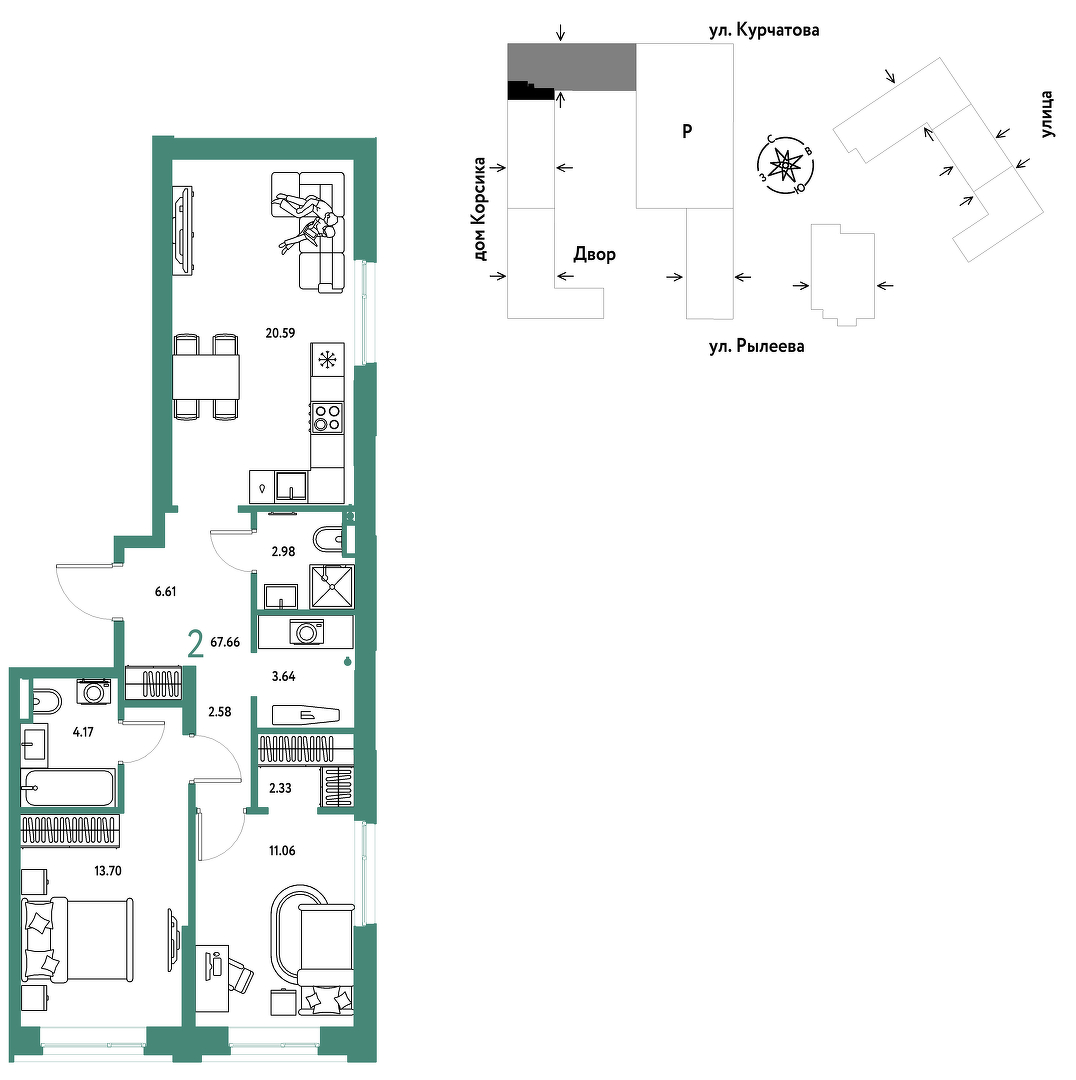 Планировка: Евротрешка 67.8 м² в ЖК Остров-сад, ДОК