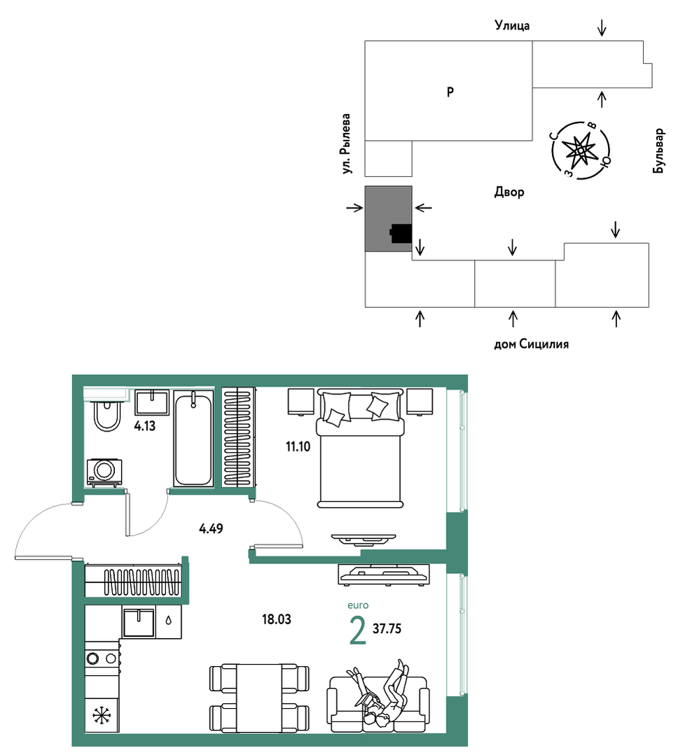 Планировка: Евродвушка 37.8 м² в ЖК Остров-сад, ДОК
