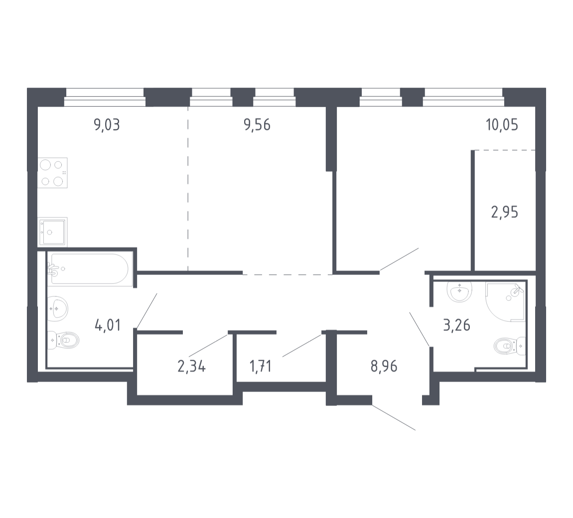 Планировка: Евродвушка 51.9 м² в ЖК Чаркова 72, Мыс