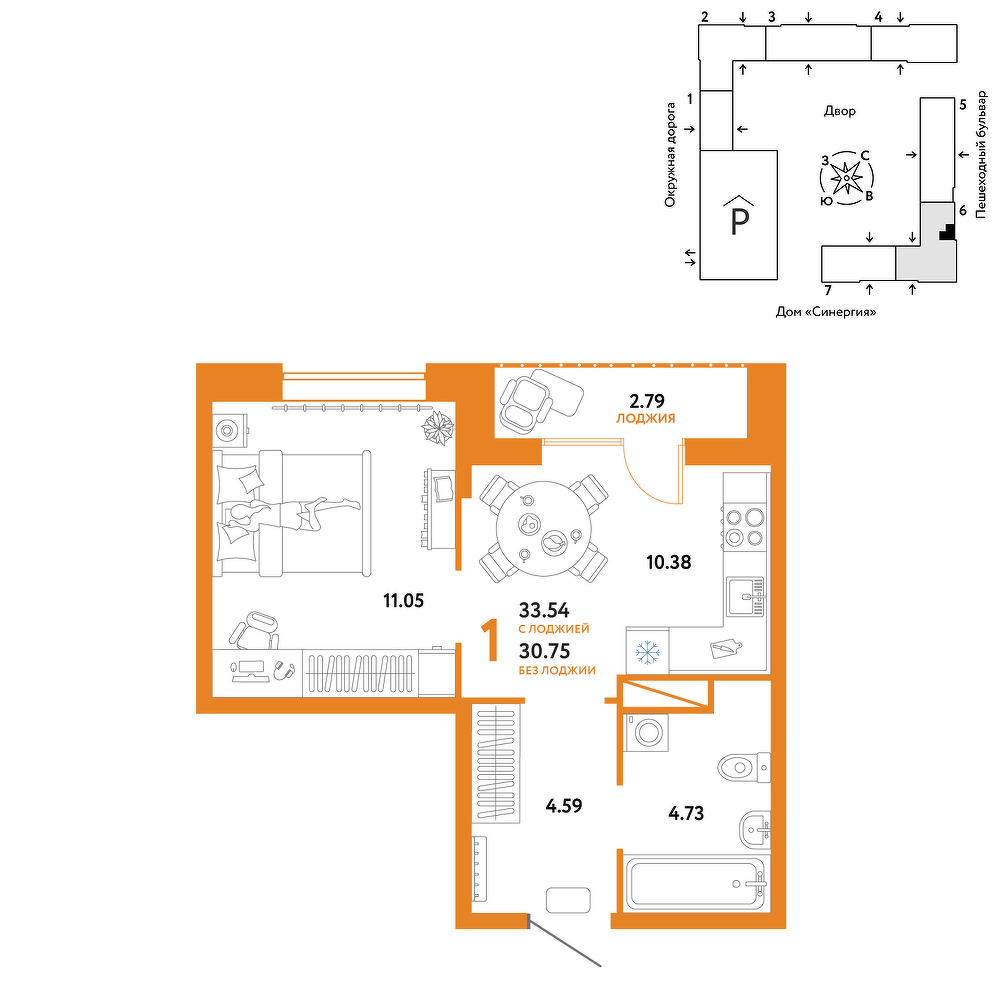 Планировка: 1-комнатная 33.5 м² в ЖК Юнион, Плеханово